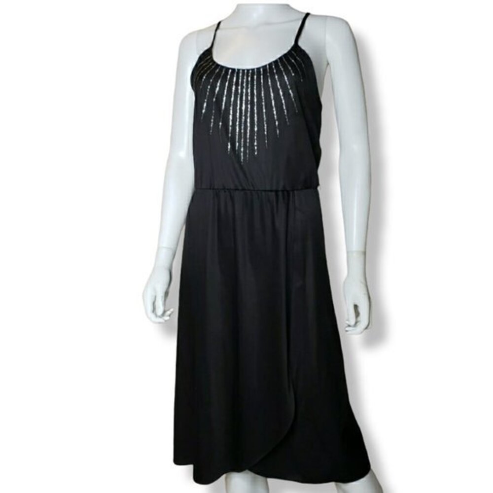 Vintage 70's 80's Black Disco Dress Spaghetti Strap Silver Glitter Womens Size 9